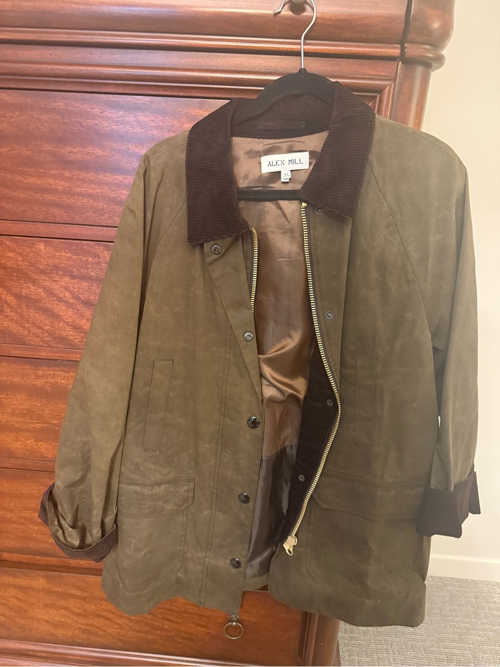 Alex Mill Olive Green Suede Coat with Dark Brown Corduroy Collar